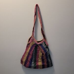 Colorful Striped Crochet Shoulder Bag - Pink, Purple, Yellow, Green